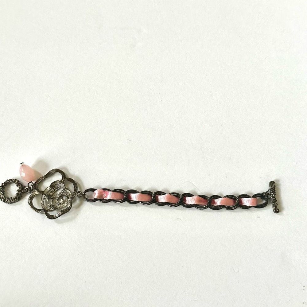 pink ribbon silver tone flower bracelet